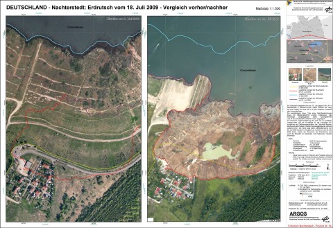 Luftbilder vom DLR-ZKI 05.05.06 und 22.07.09 mit Eintragung der Uferlinien (blau bzw. violett) und Böschungskanten (gelb bzw. rot)